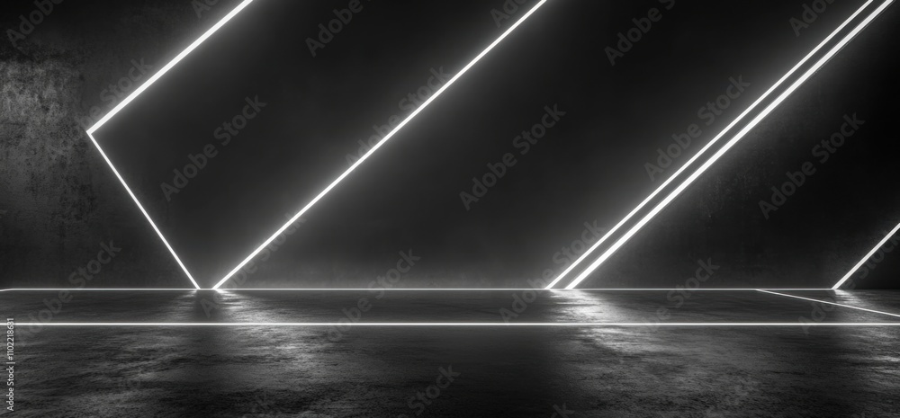 Poster 3d rendering of a futuristic sci-fi triangle with white neon tube lights glowing on a concrete floor