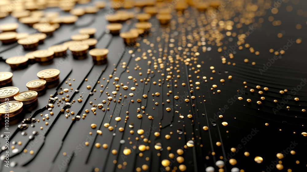 Aufkleber a collection of bitcoin tokens spreads across a sleek black surface adorned with golden particles an