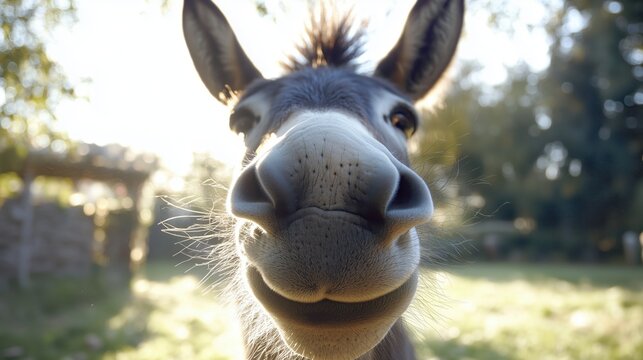 Lachender Esel vor hellen B&auml;umen
