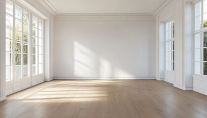 Empty White Room with Wooden Floor and Sunlight Streaming Through Windows