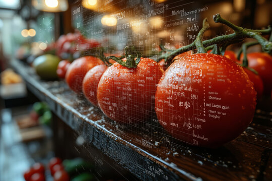 Fresh tomatoes in a vibrant market with statistics on display for analysis - Powered by Adobe