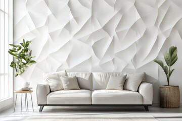 White couch in a modern living room with a geometric patterned wall and a window.