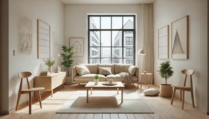 Fototapeta premium A minimalist yet cozy interior design featuring a compact living room with Scandinavian-style furniture. The space includes a comfortable beige sofa