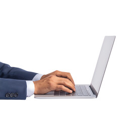 Professional hands typing on a laptop keyboard. transparent background