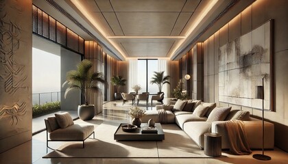 A luxurious and modern interior design featuring an open living room with large windows, allowing natural light to flood the space