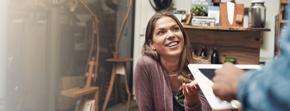 Workshop, inventory check and tablet with woman, communication and small business owner. Teamwork, banner and collaboration with online, digital and technology with smile and store stock process - Powered by Adobe