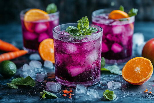 Creative arrangement of colorful drinks featuring beetroot, carrots, and fruits