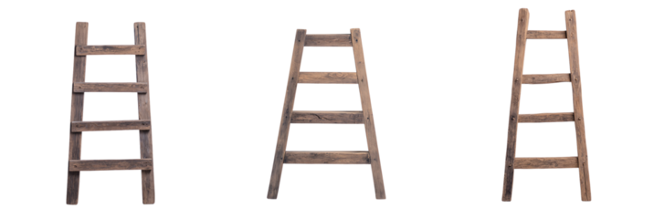Set of wooden ladders in various angles. transparent background