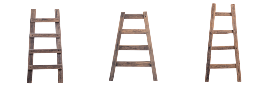 Set of wooden ladders in various angles. transparent background