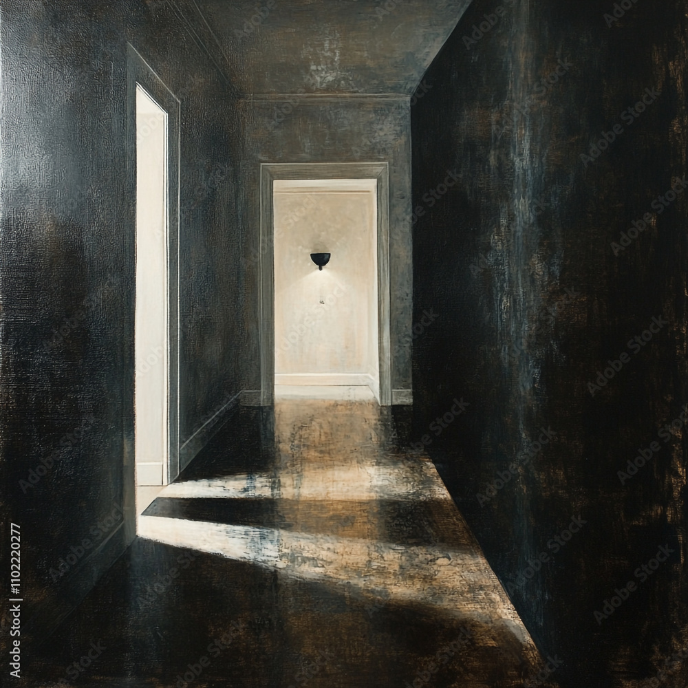Poster light filters through a dark corridor creating striking contrasts in a tranquil setting