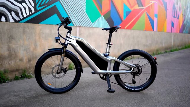 Sleek electric bicycle glides against vibrant urban mural background