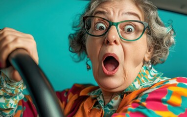 A high-resolution close-up shot of a surprised woman in her fifties, wearing glasses and colorful attire, gripping the steering wheel while driving. 