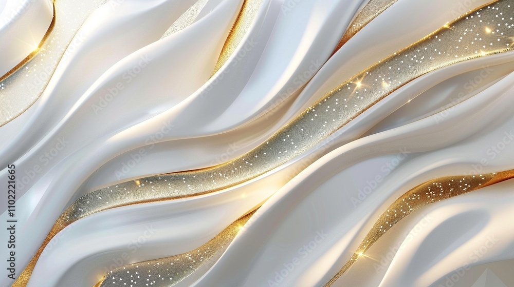 Poster elegant white and gold wave design 3d rendering image. smooth wavy pattern with refined sparkles bac