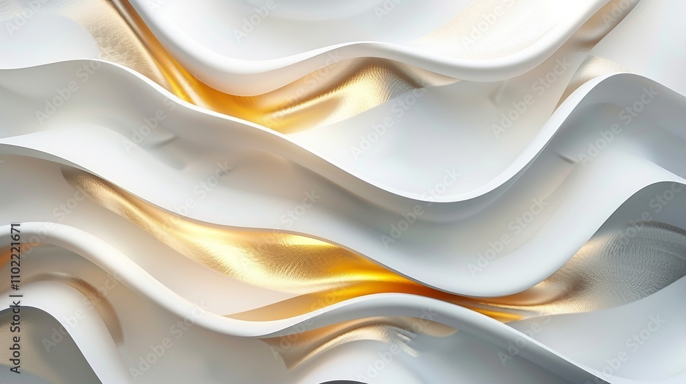 Poster textured white waves with golden highlights 3d rendering image. undulating forms glistening shimmer 