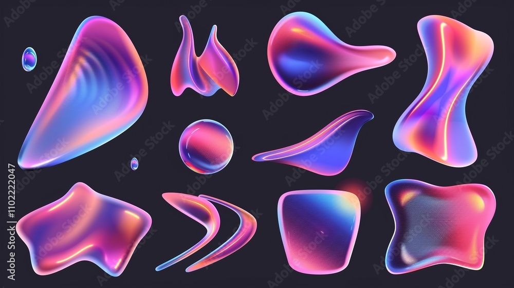 Poster iridescent gradient shapes collection 3d rendering image. various organic forms. futuristic fluids h