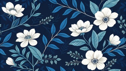 White Flowers and Blue Leaves Seamless Pattern, floral, pattern , seamless