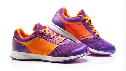 Colorful trainer, purple and orange sneakers on a white background
