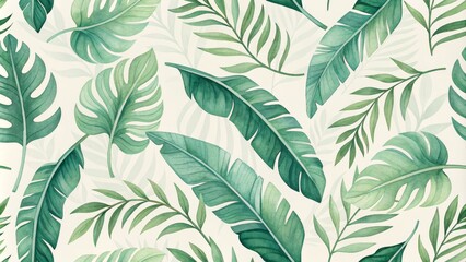 Watercolor Tropical Leaves Pattern, White Background, Green Foliage, Jungle, Botanical, Nature , Tropical