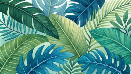 Watercolor Tropical Leaf Pattern, Green and Blue Tones, Abstract Design, Botanical Art, Floral Pattern, Tropical Leaves, Watercolor Painting