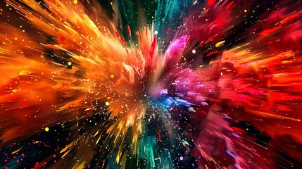 Fototapeta premium Abstract explosion of colors background image. Vivid dynamic composition photo backdrop wallpaper realistic. Energy chaos of splattered particles. Intense visual concept photorealistic