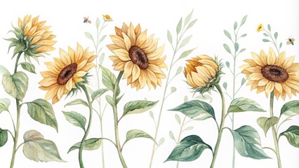 Watercolor Sunflower Floral Border, Watercolor Illustration, Floral Design, Sunflower, Botanical, Summer, Nature