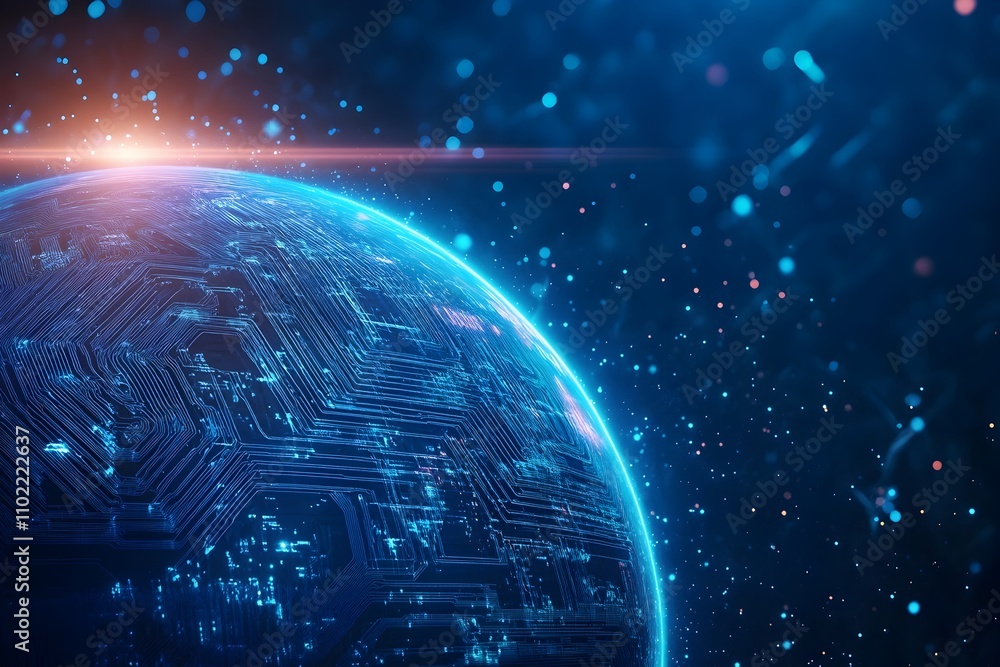Poster futuristic digital planet earth in space with glowing circuit grid and cosmic backdrop