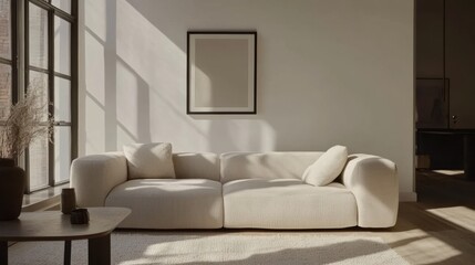 3D mock-up of a blank horizontal poster frame in a Scandinavian-style living room, featuring a modern living room interior, beige sofa, and pampas grass
