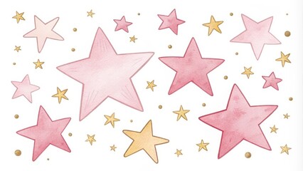 Obraz premium Watercolor Pink and Gold Stars on White Background, celestial, galaxy, star, watercolor, pattern, illustration