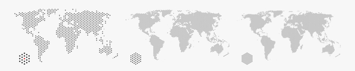 Set of flat earth world maps with hexagonal dots in different resolution. Round pixel pattern. Modern digital globe. Black dots on white background. Worldmap template for website, infographics, design