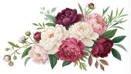 Watercolor Peony Bouquet with Pink and Burgundy Flowers, Greenery and Buds, Floral Illustration, Peony, Bouquet