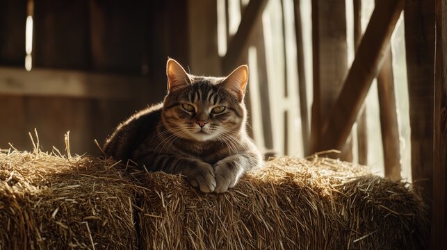 Katze im Stall auf Heuballen bei nat&uuml;rlichem Licht
