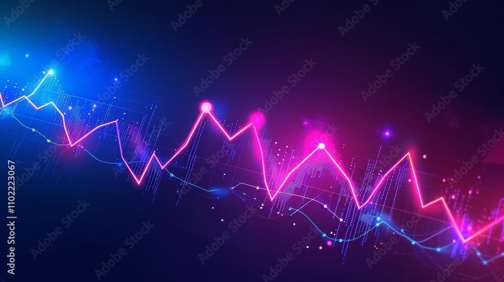 Poster a vibrant neon-colored line graph displaying fluctuating data, set against a dark background. the gl