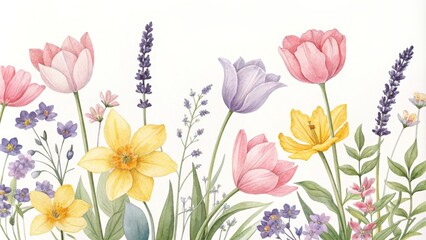 Watercolor Painting of Spring Flowers Tulips, Daffodils, and Lavender, spring flowers, watercolor painting