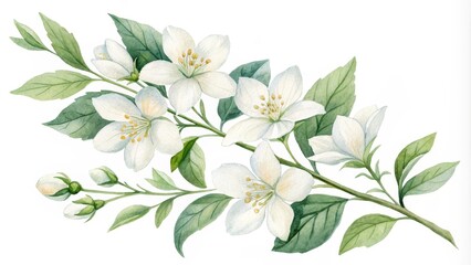 Watercolor Painting of Jasmine Flowers and Leaves, botanical illustration, floral art, jasmine, flower, watercolor, white