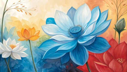 Watercolor Painting of Colorful Lotuses, Floral, Painting , Art