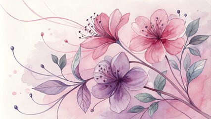 Watercolor Painting of Delicate Pink and Purple Flowers on a Light Background, floral art, watercolor painting