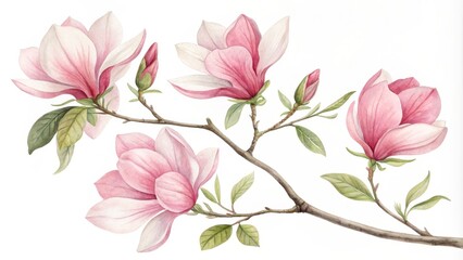 Fototapeta premium Watercolor Painting of a Magnolia Branch with Pink Flowers, Watercolor, Magnolia, Flower