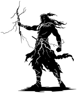 recommend clip art: Greek god Zeus holding lightning bolts, illustration in black, isolated. 