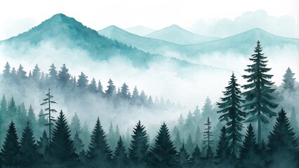Watercolor Misty Mountains with Silhouetted Pine Trees, Nature, Landscape , Watercolor Painting