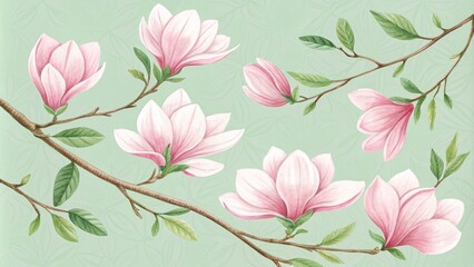 Watercolor Magnolia Flowers with Green Leaves on Light Green Background, watercolor illustration, floral art, botanical print, spring flowers, magnolia blossom ,watercolor