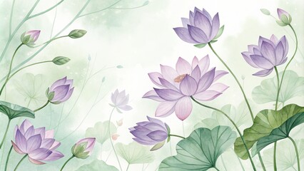 Watercolor Lotus Flower with Green Leaves in Soft Pastel Tones, Floral Art, Lotus Flower, Watercolor Painting