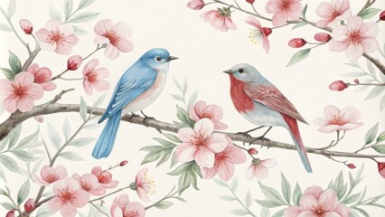 Watercolor Illustration of Two Birds Perched on a Branch with Delicate Pink Blossoms, floral , bird