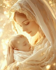 A tender intimate portrait of Mary holding baby Jesus