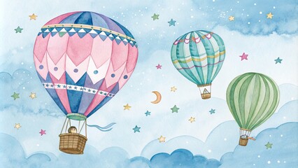 Watercolor Illustration of Three Hot Air Balloons Flying Through a Starry Sky, hot air balloon, watercolor art