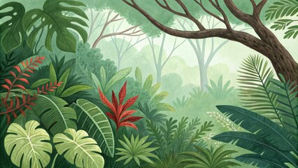 Naklejka premium Watercolor Illustration of Lush Green Tropical Foliage, Jungle Landscape, Botanical Art, Tropical Leaves, Green Forest ,jungle, botanical