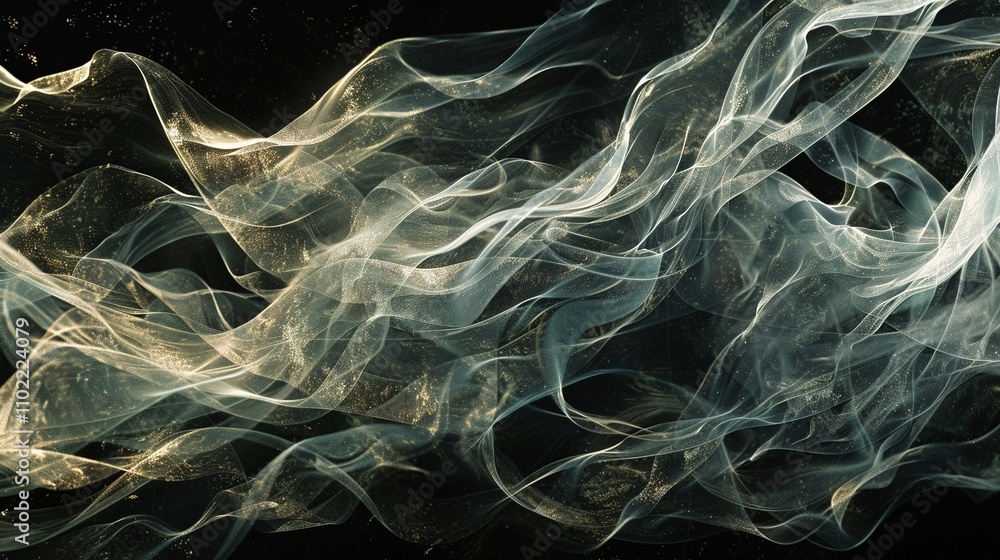 Poster flowing golden-tinted wisps of smoke against dark 3d rendering image. subtle sparkles dreamy backgro