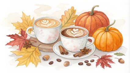 Watercolor Illustration of Autumn Coffee with Pumpkins, Leaves, and Spices, autumn , fall