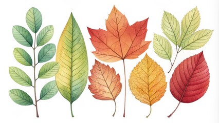 Watercolor Illustration of Autumn Leaves, green, yellow, red , fall foliage