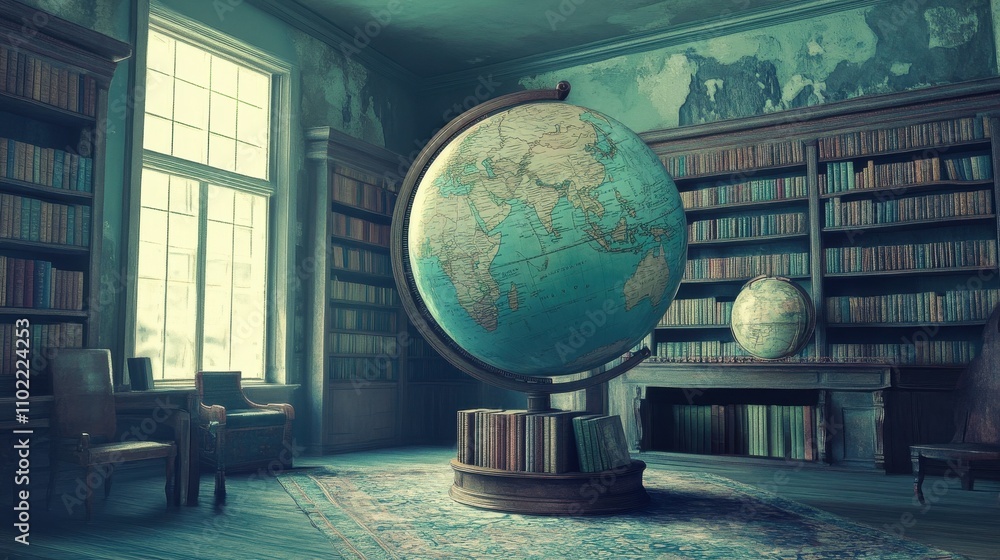 Poster vintage library with globe and books in a nostalgic setting
