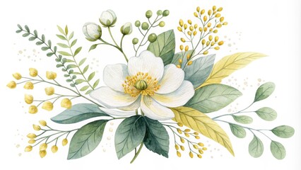 Watercolor Illustration of a Delicate White Flower with Green and Yellow Foliage, Floral Arrangement, botanical art, flower arrangement, watercolor floral, floral bouquet, bouquet